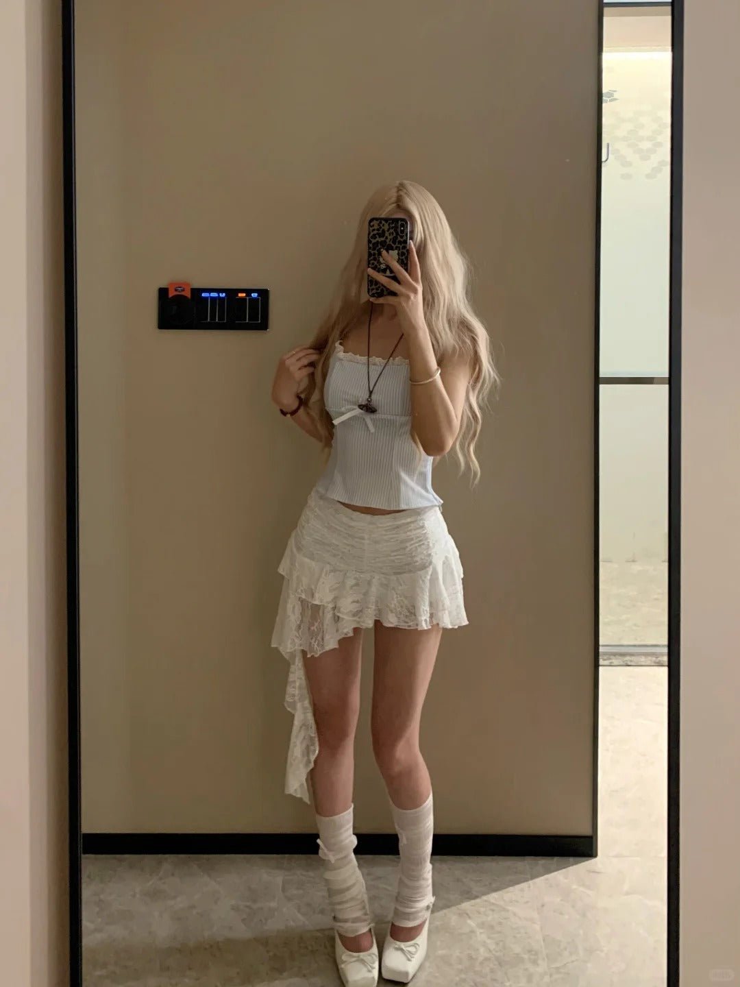 Light Blue Striped Cami Top and White Lace Hem Mini Skirt Y2K Two Piece Sets - tutufox -