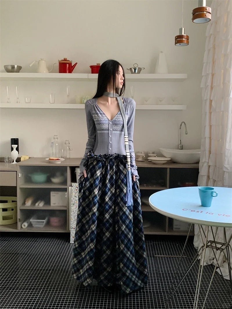 Light Gray Long - Sleeve V - Neck Knit Top With White Patterns and Blue - White - Brown Plaid Flowy Maxi Skirt Set - tutufox - women sets