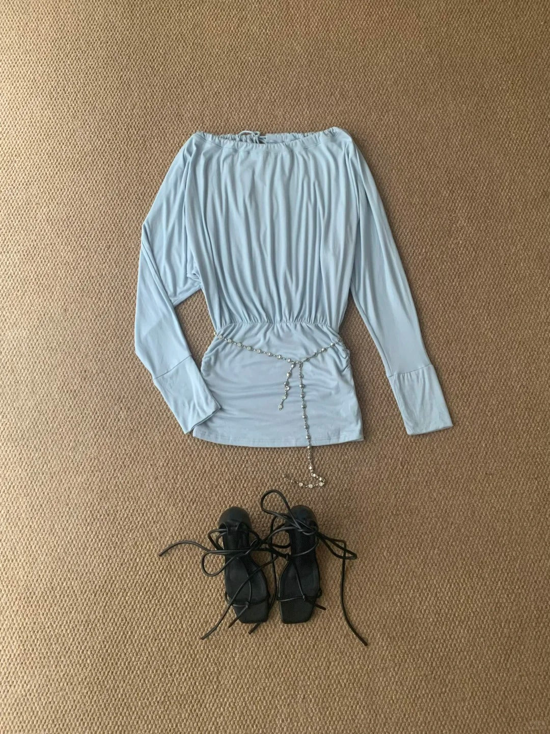 Light Teal Off - Shoulder Long Sleeve Bodycon Mini Dress Y2K Dress - tutufox -