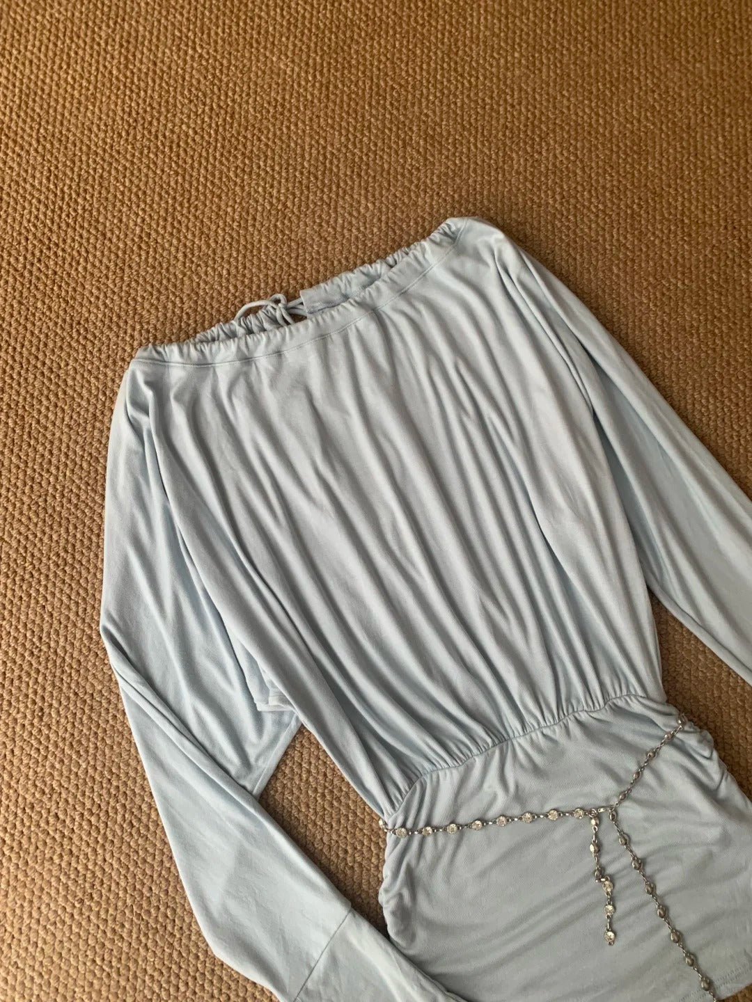 Light Teal Off - Shoulder Long Sleeve Bodycon Mini Dress Y2K Dress - tutufox -