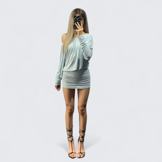 Light Teal Off - Shoulder Long Sleeve Bodycon Mini Dress Y2K Dress - tutufox -