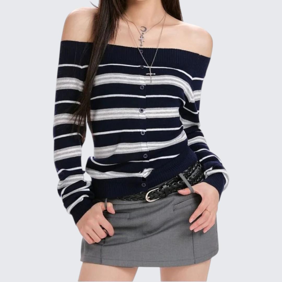Navy Blue Striped One-Neck Knitted Sweater - Spring & Autumn