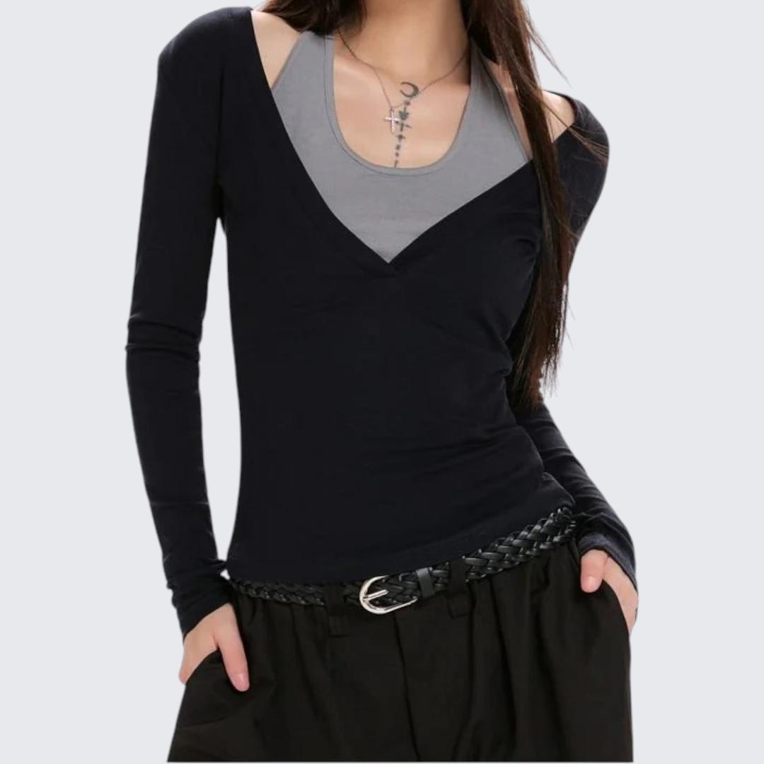 Navy Blue V-Neck Two-Piece Long-Sleeve T-Shirt