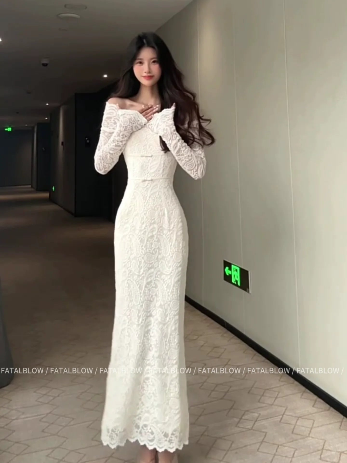 Off - Shoulder White Bow Lace Long - Sleeve Waist - Cinched Maxi Dress - tutufox -