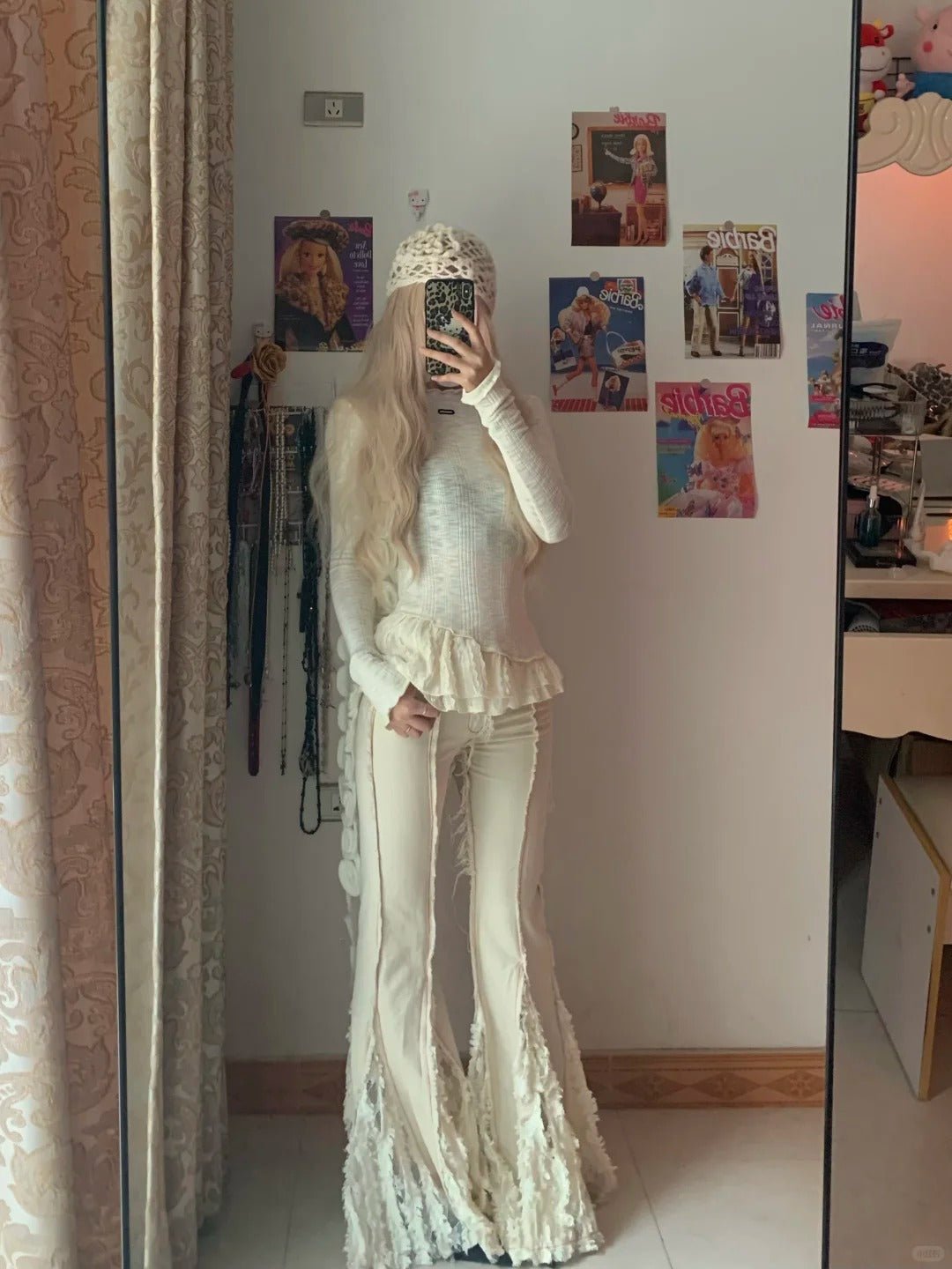 Off White Long Sleeve Knitted Top and Lace Trim Flared Pants Y2K Two Piece Sets - tutufox -