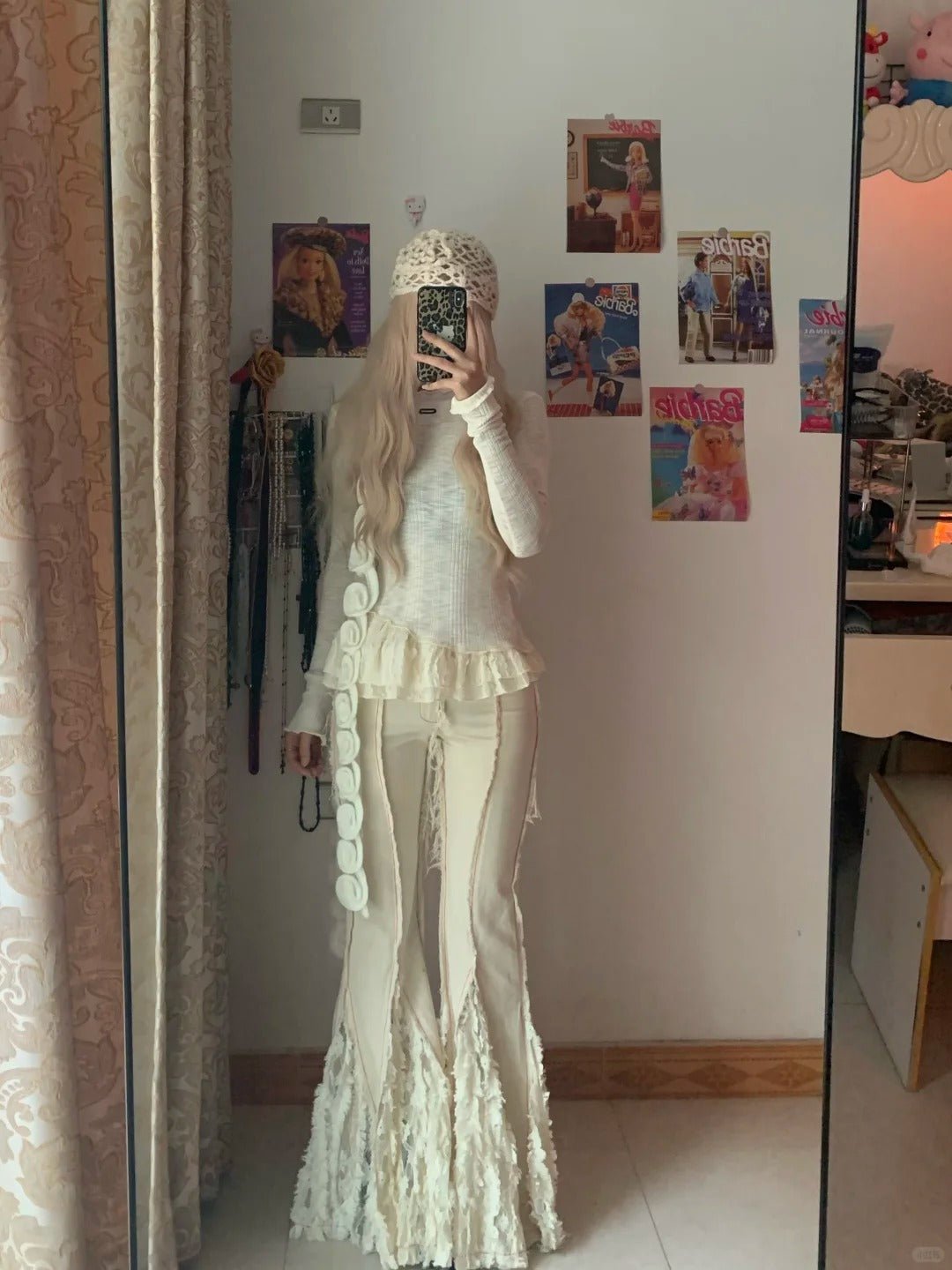 Off White Long Sleeve Knitted Top and Lace Trim Flared Pants Y2K Two Piece Sets - tutufox -