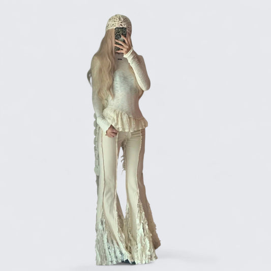 Off White Long Sleeve Knitted Top and Lace Trim Flared Pants Y2K Two Piece Sets - tutufox -