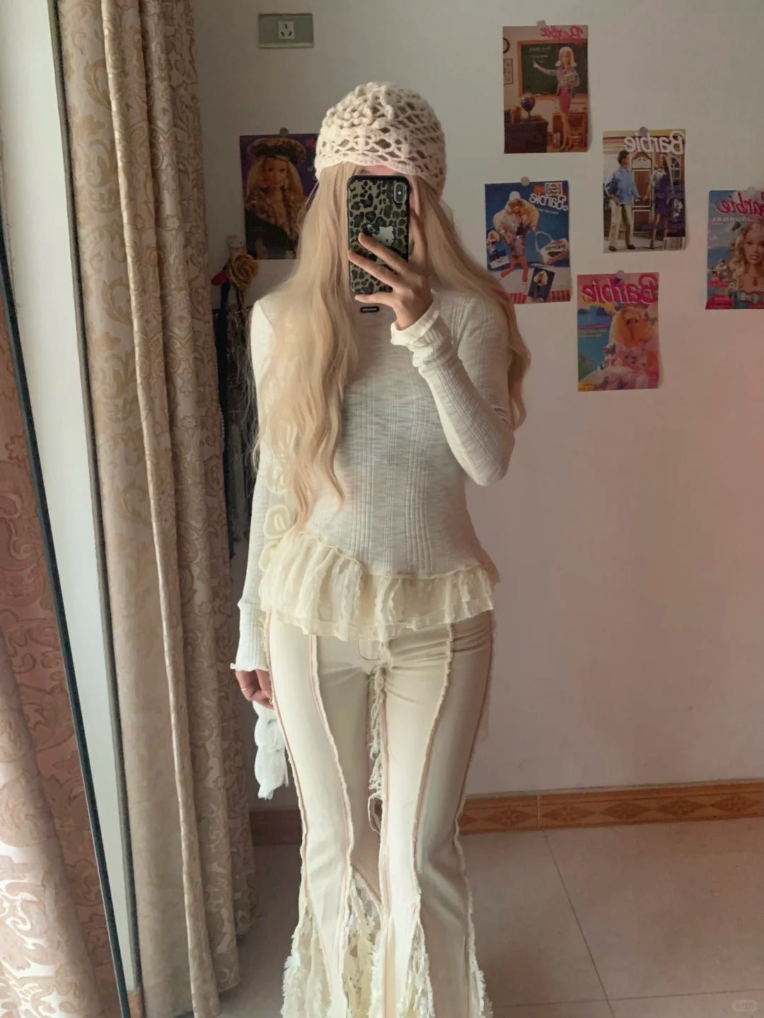 Off White Long Sleeve Knitted Top and Lace Trim Flared Pants Y2K Two Piece Sets - tutufox -