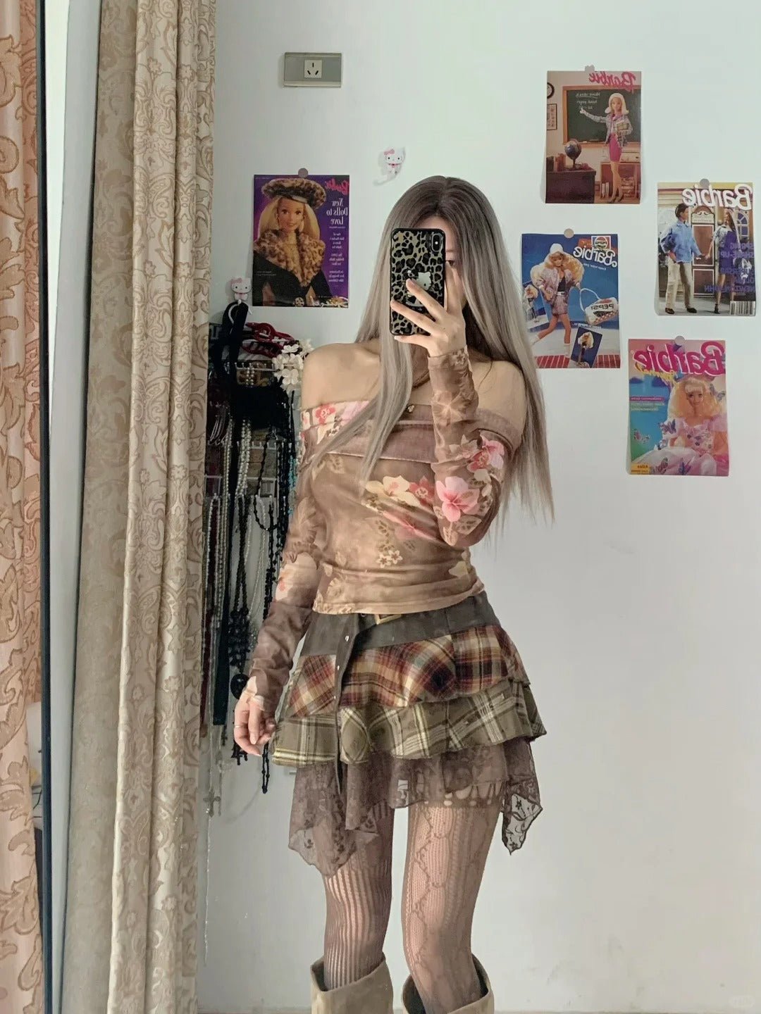 Pink Floral Off Shoulder Long Sleeve Top and Plaid Mini Skirt Set Y2K Two Pieces Sets - tutufox -