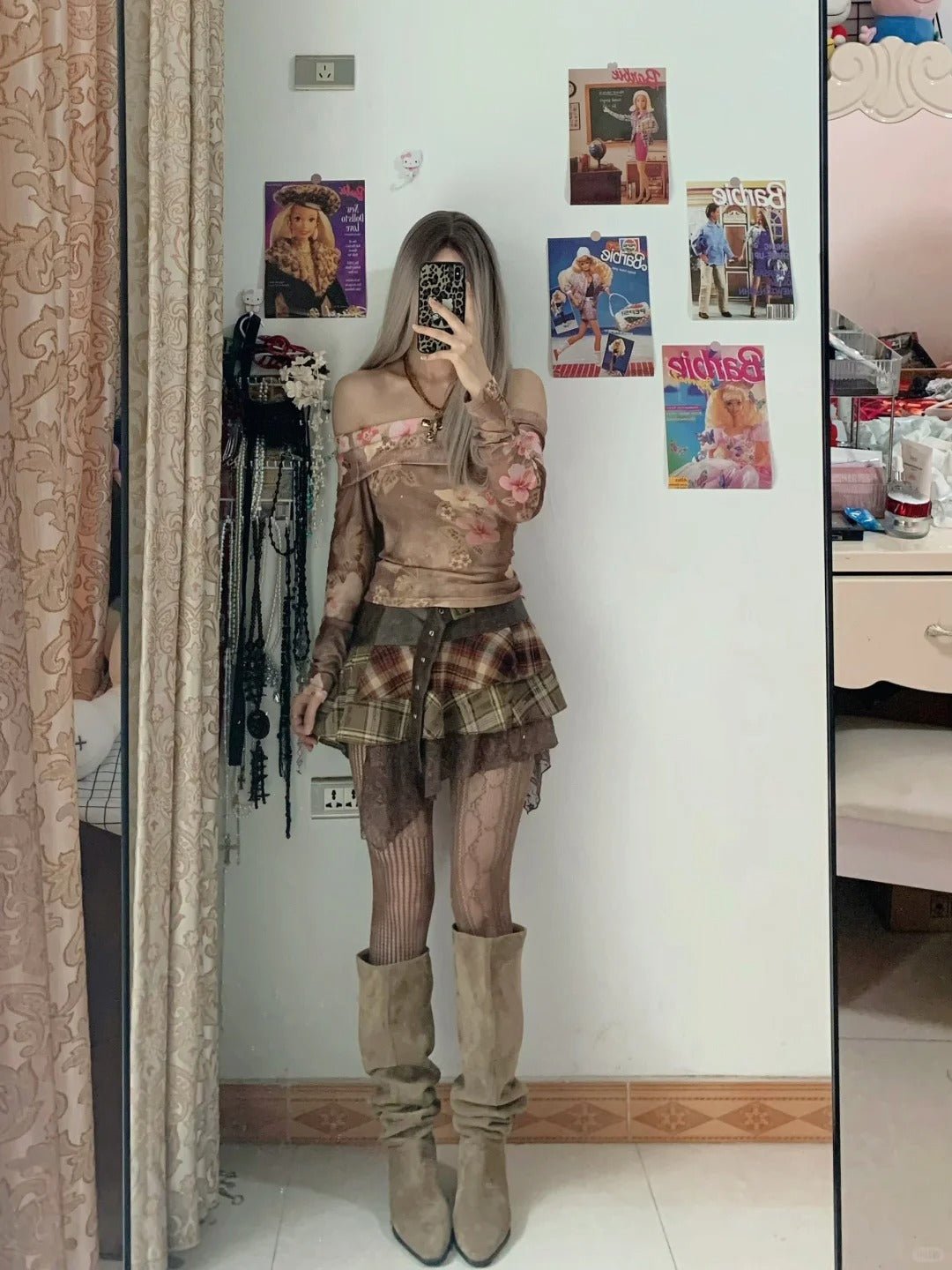 Pink Floral Off Shoulder Long Sleeve Top and Plaid Mini Skirt Set Y2K Two Pieces Sets - tutufox -