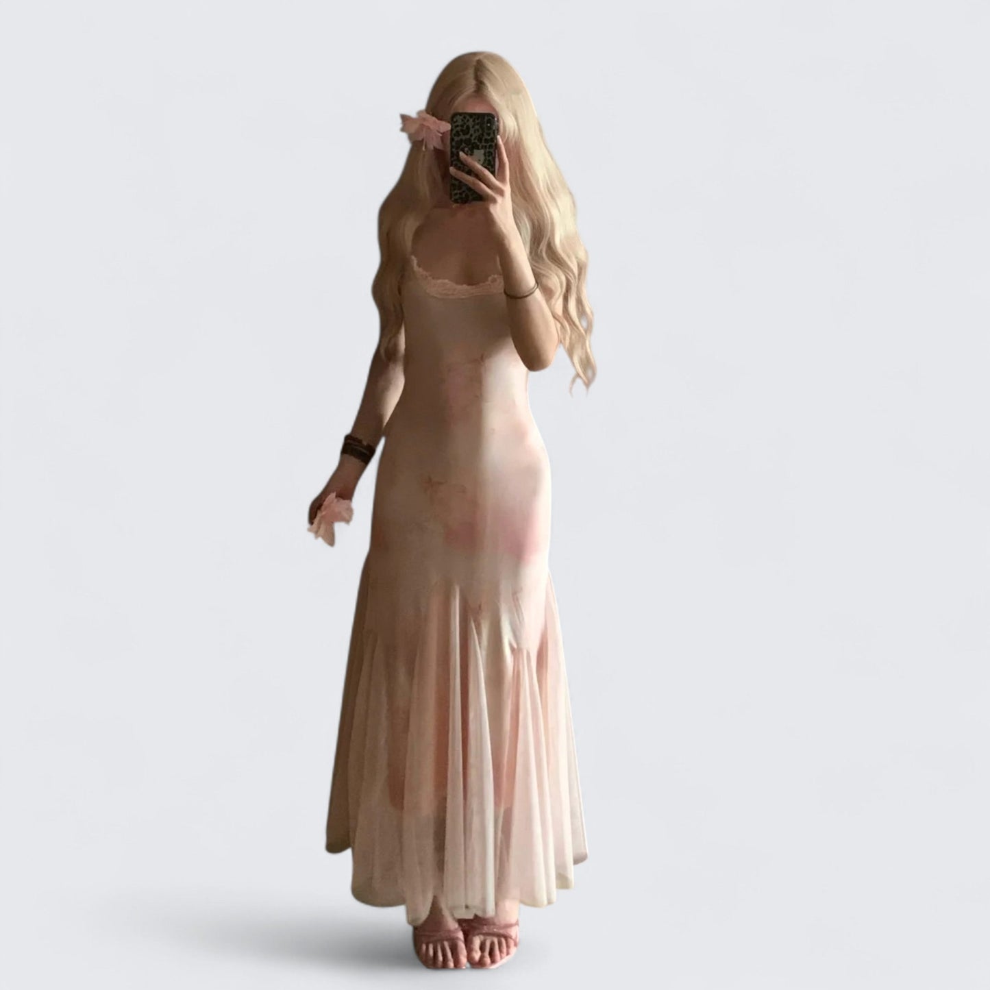 Pink Strappy Maxi Dress with Mesh Hem Y2K Dress - tutufox -