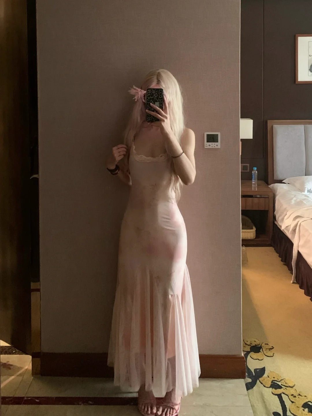 Pink Strappy Maxi Dress with Mesh Hem Y2K Dress - tutufox -