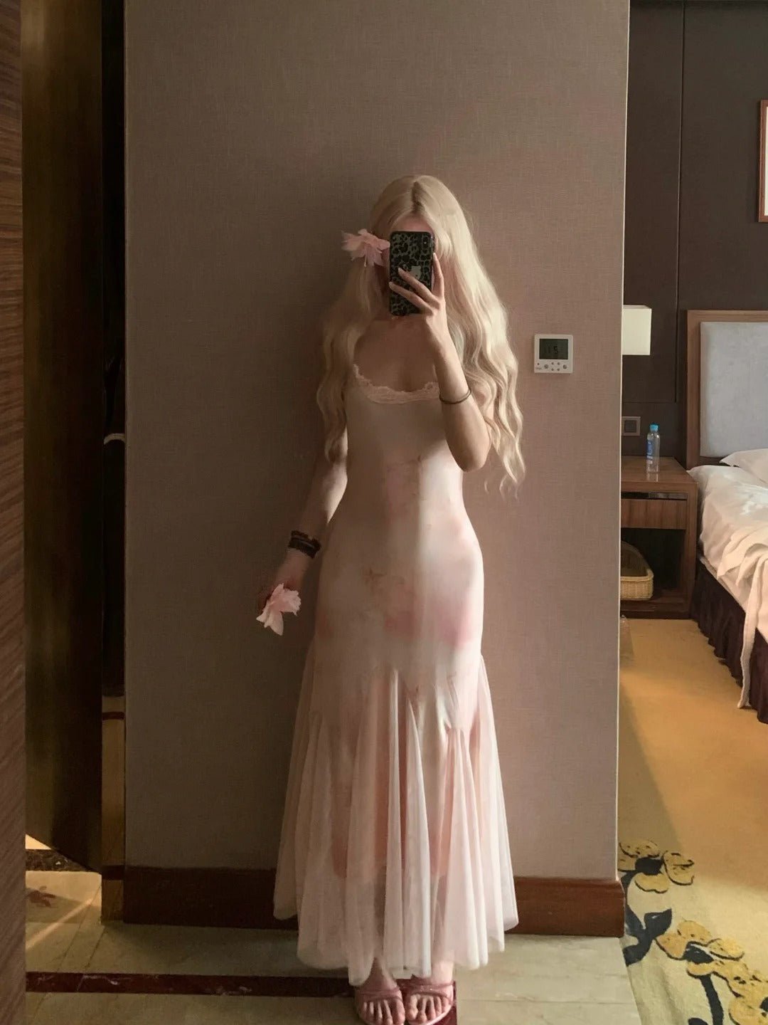 Pink Strappy Maxi Dress with Mesh Hem Y2K Dress - tutufox -