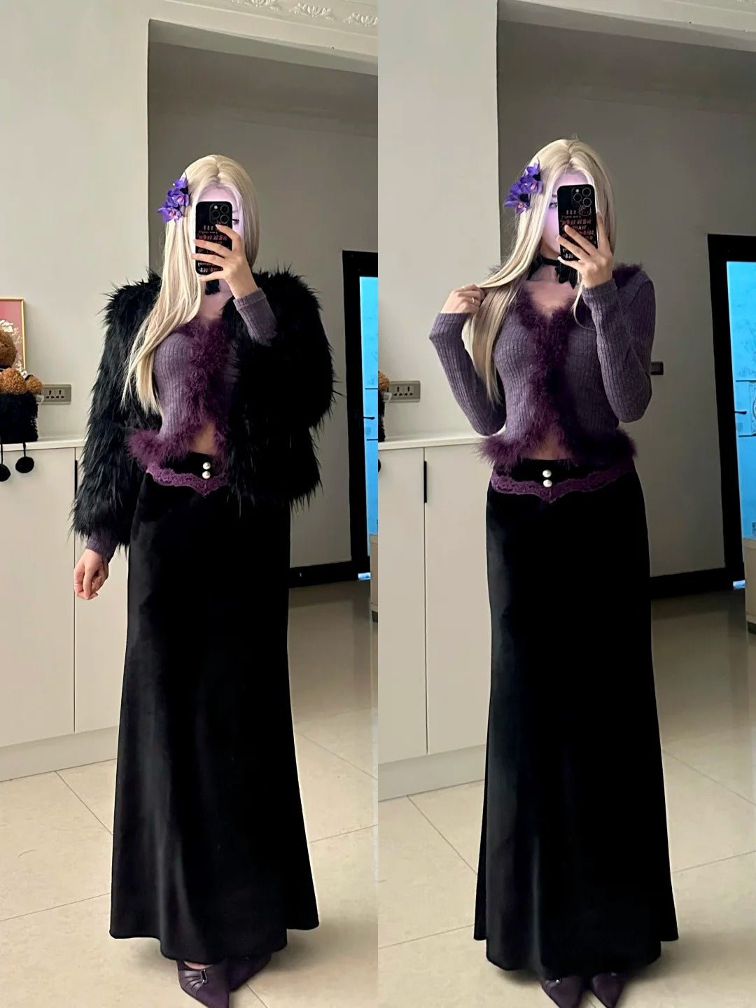 Purple Fur Trim Top with Black Skirt and Fur Coat Y2K Outfit - tutufox -