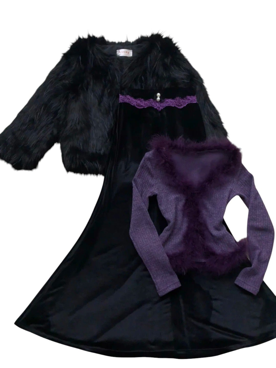 Purple Fur Trim Top with Black Skirt and Fur Coat Y2K Outfit - tutufox -