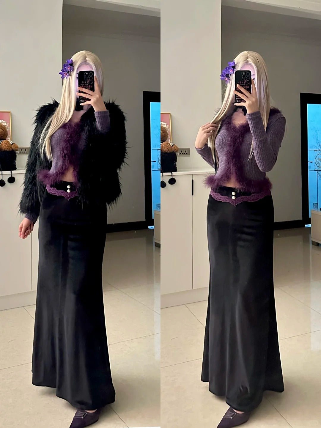 Purple Fur Trim Top with Black Skirt and Fur Coat Y2K Outfit - tutufox -