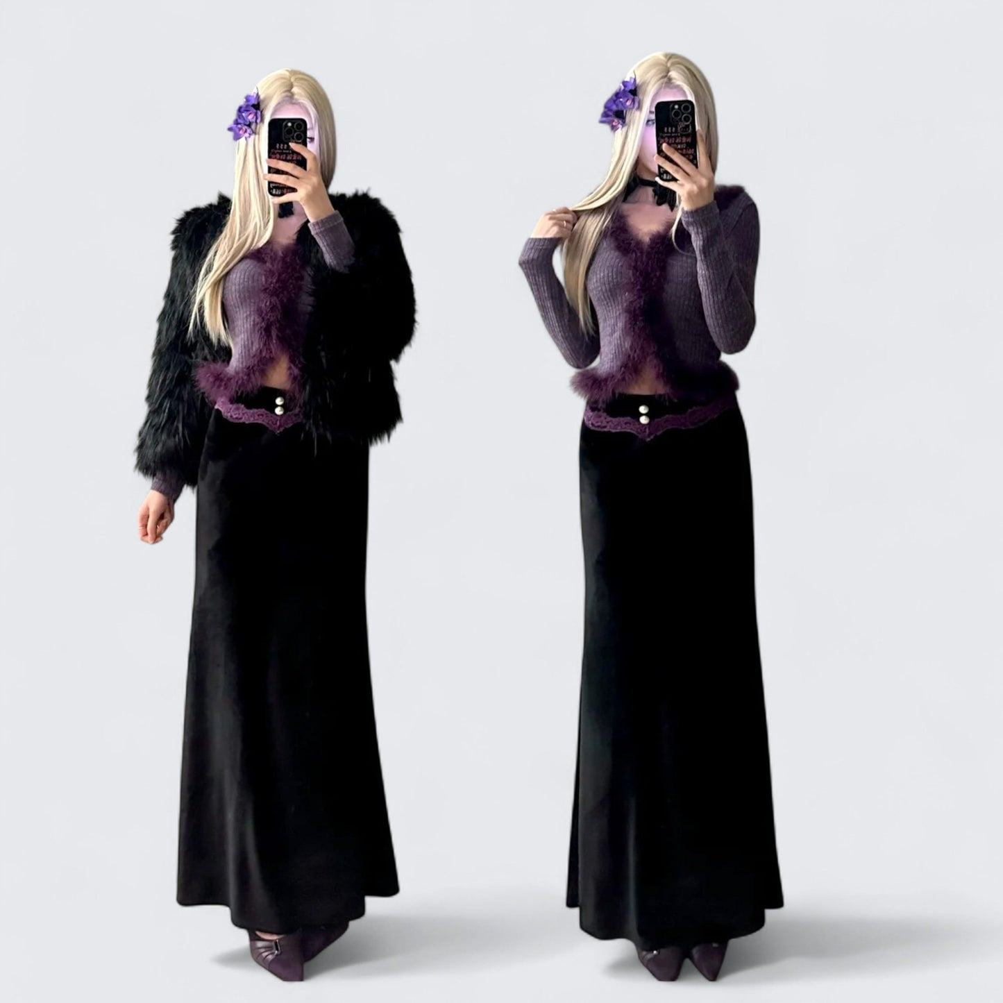 Purple Fur Trim Top with Black Skirt and Fur Coat Y2K Outfit - tutufox -