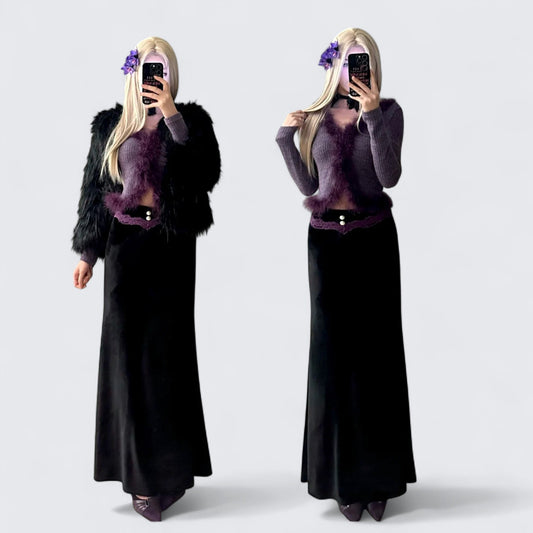 Purple Fur Trim Top with Black Skirt and Fur Coat Y2K Outfit - tutufox -