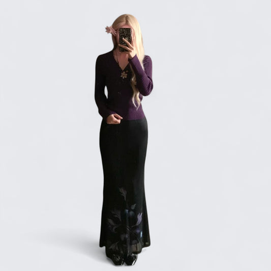 Purple Knit Long Sleeve Top and Black Maxi Skirt with Purple Floral Print Y2K Two Pieces Sets - tutufox -