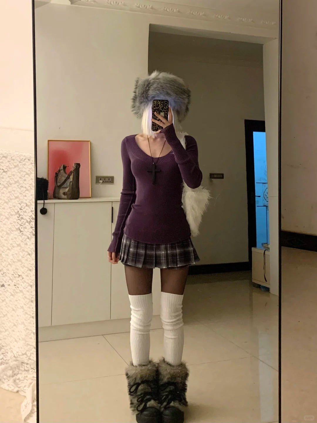 Purple Knit Top with Brown Plaid Skirt Y2K Two - Piece Set - tutufox -