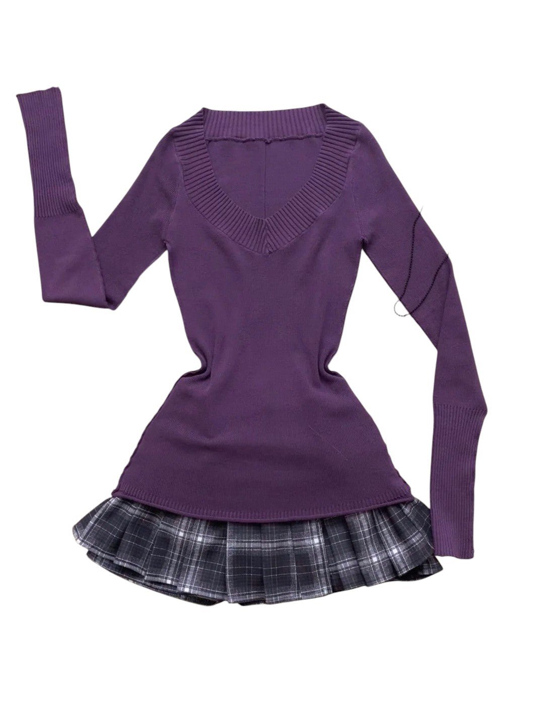Purple Knit Top with Brown Plaid Skirt Y2K Two - Piece Set - tutufox -