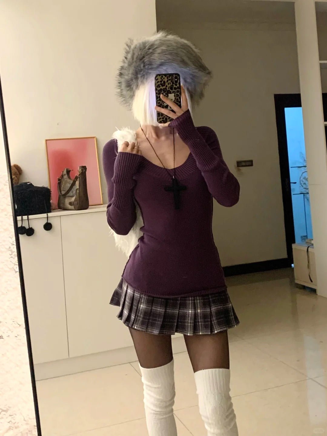 Purple Knit Top with Brown Plaid Skirt Y2K Two - Piece Set - tutufox -