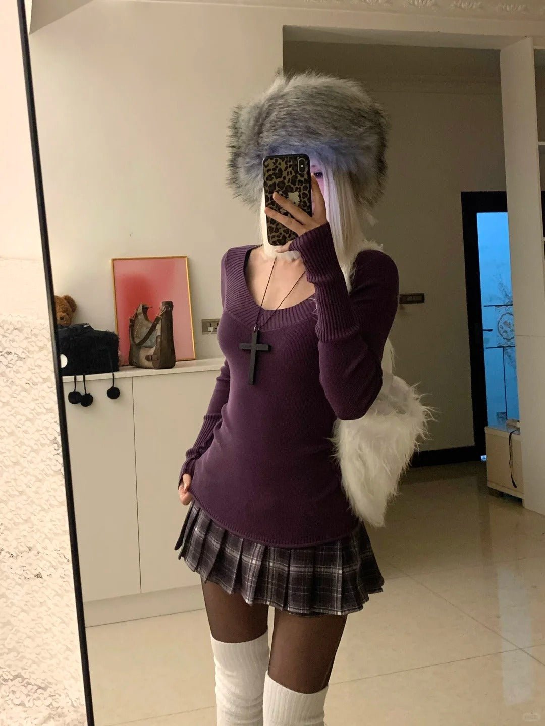 Purple Knit Top with Brown Plaid Skirt Y2K Two - Piece Set - tutufox -