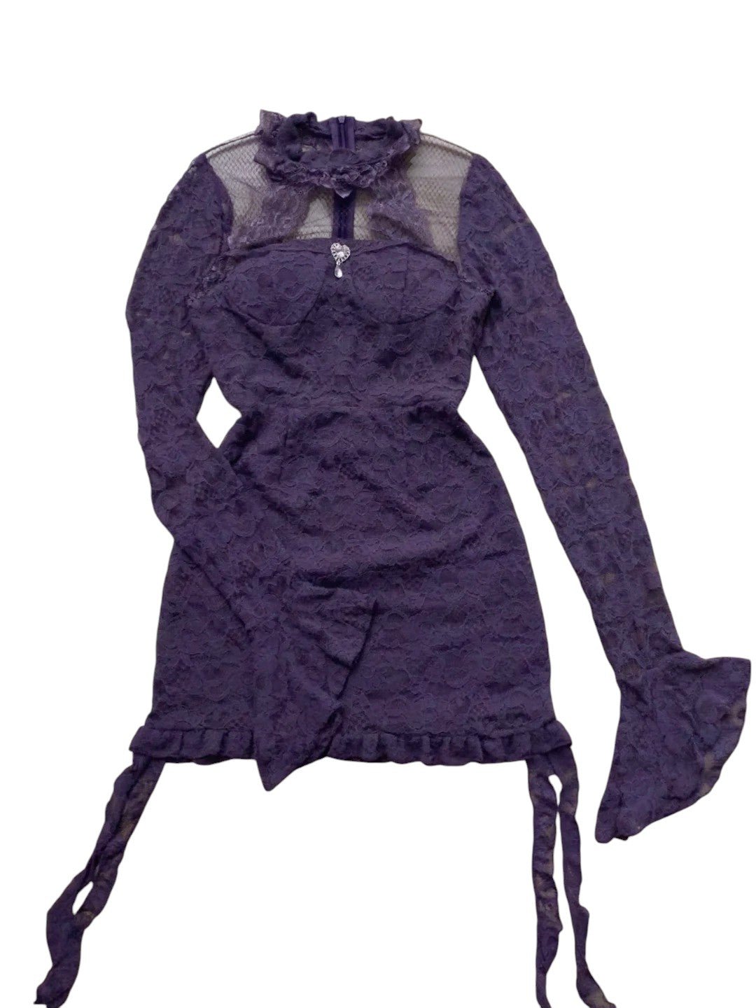 Purple Lace Mesh Long Sleeve Dress Y2K Outfit - tutufox -