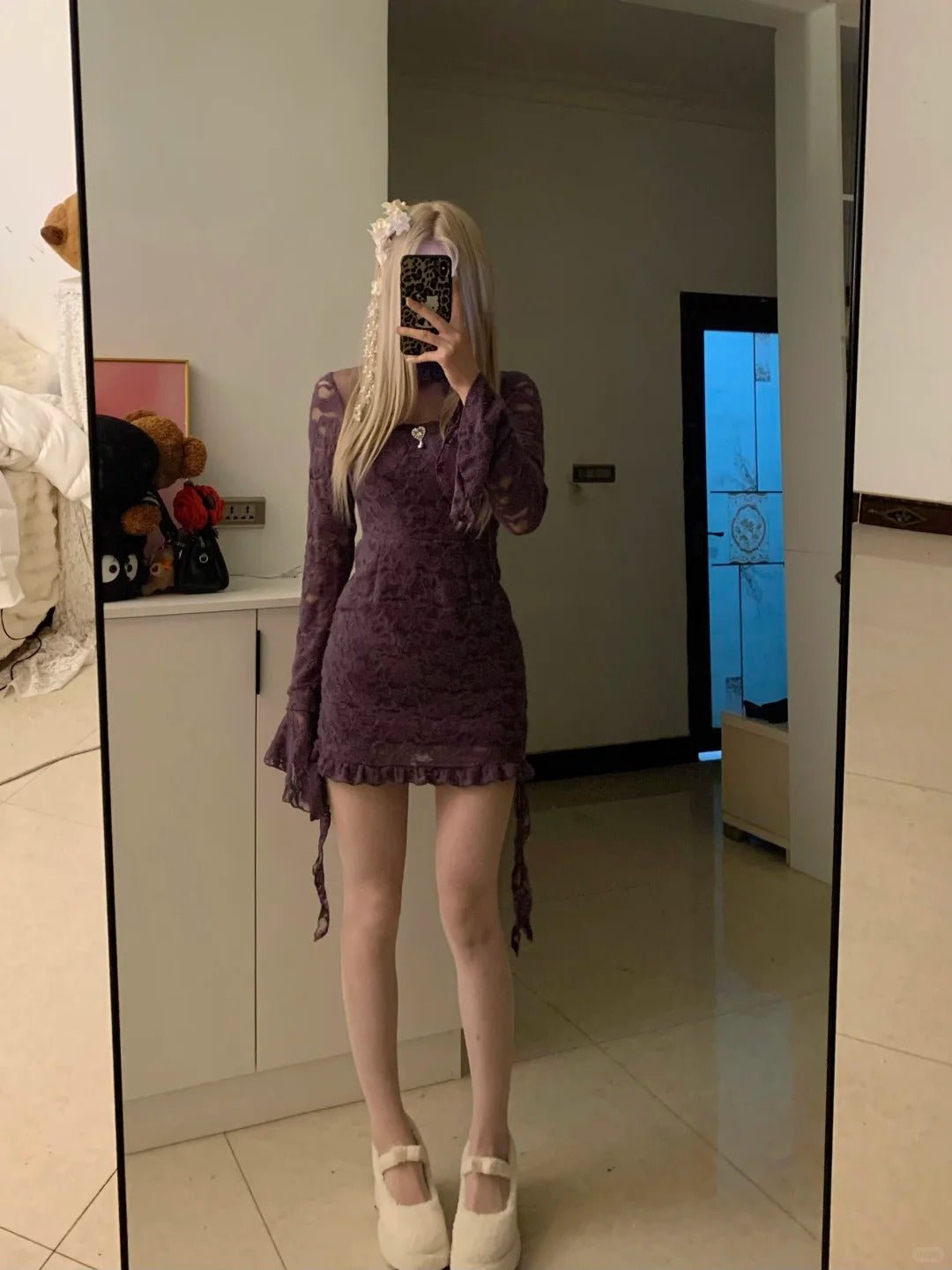 Purple Lace Mesh Long Sleeve Dress Y2K Outfit - tutufox -