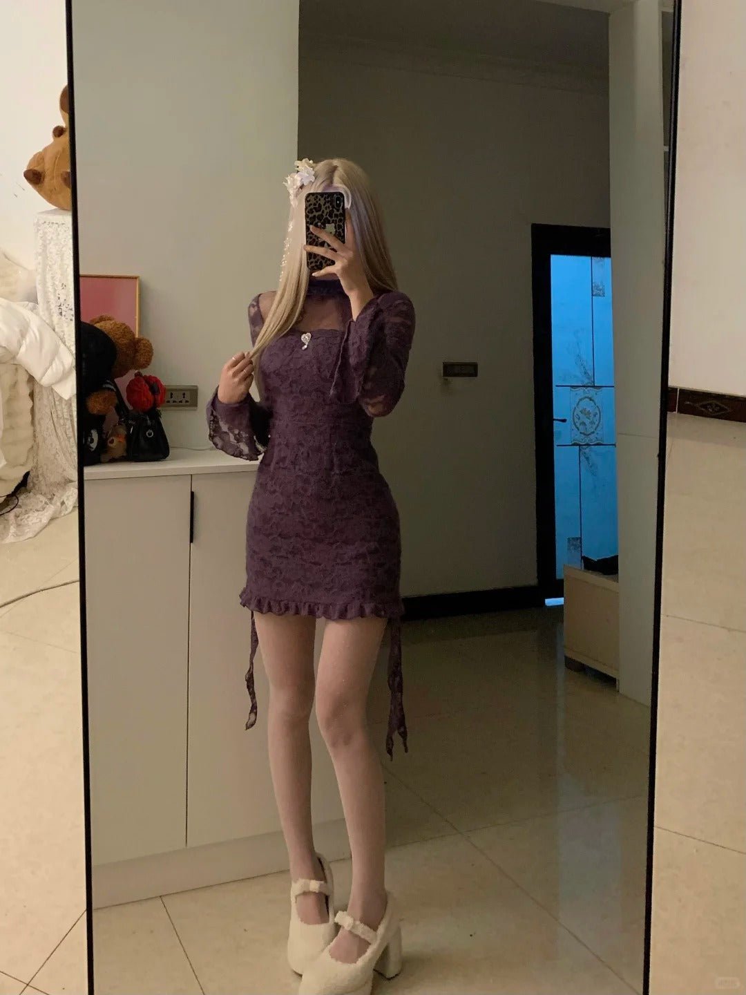 Purple Lace Mesh Long Sleeve Dress Y2K Outfit - tutufox -