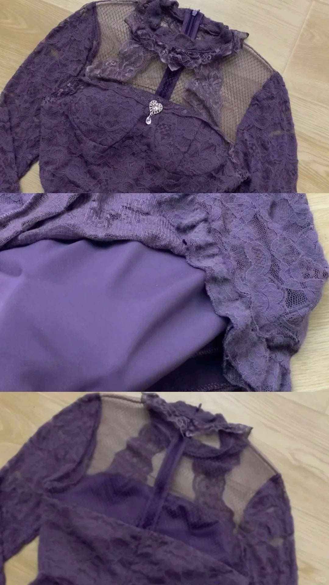 Purple Lace Mesh Long Sleeve Dress Y2K Outfit - tutufox -
