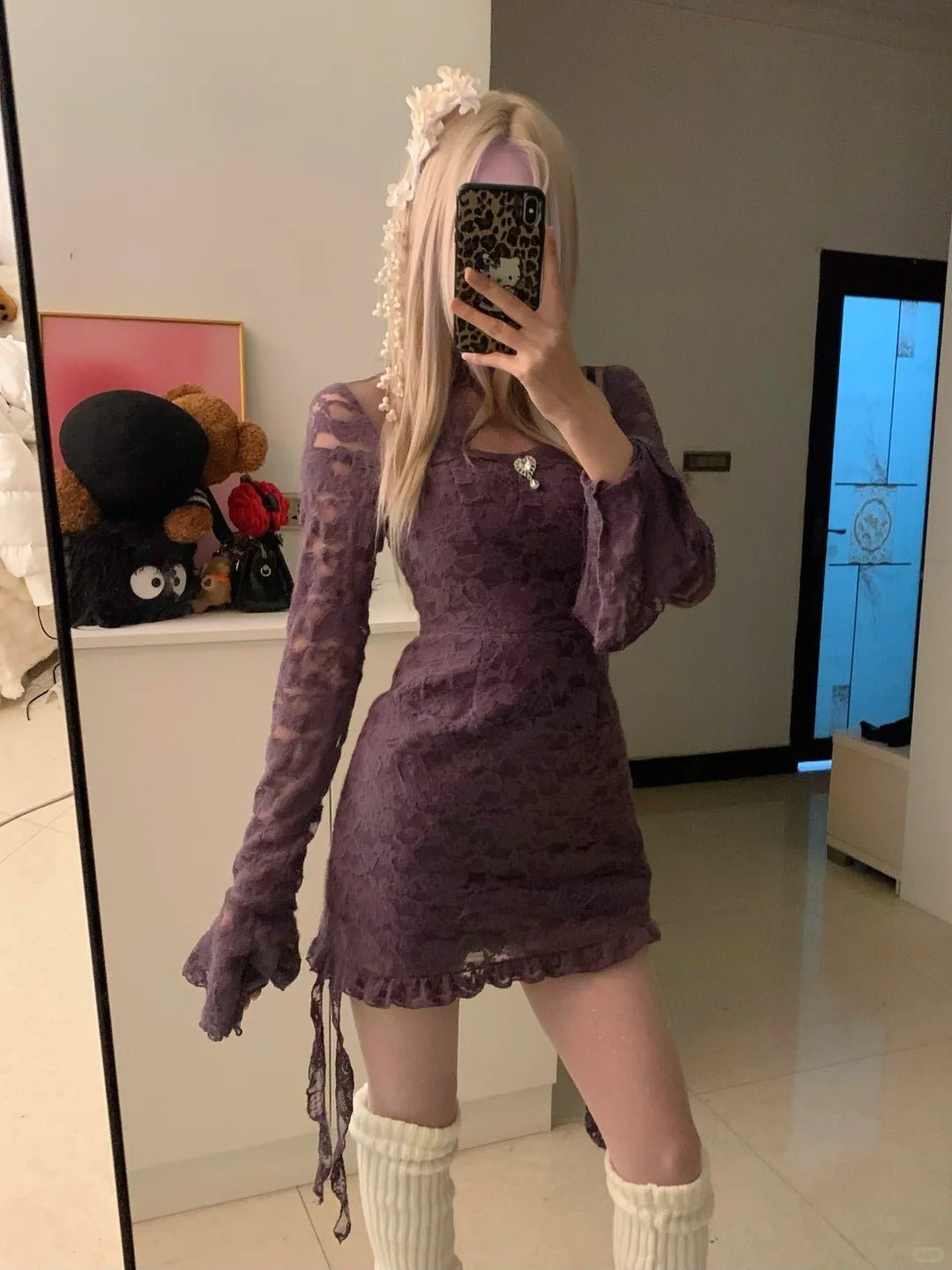 Purple Lace Mesh Long Sleeve Dress Y2K Outfit - tutufox -