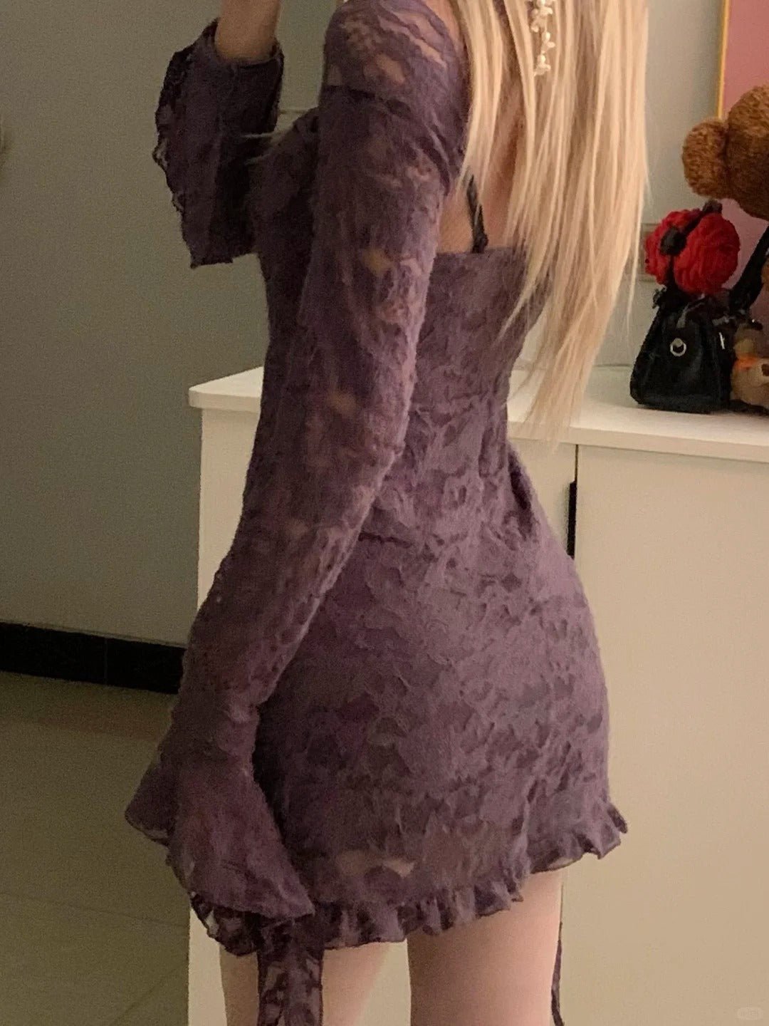 Purple Lace Mesh Long Sleeve Dress Y2K Outfit - tutufox -