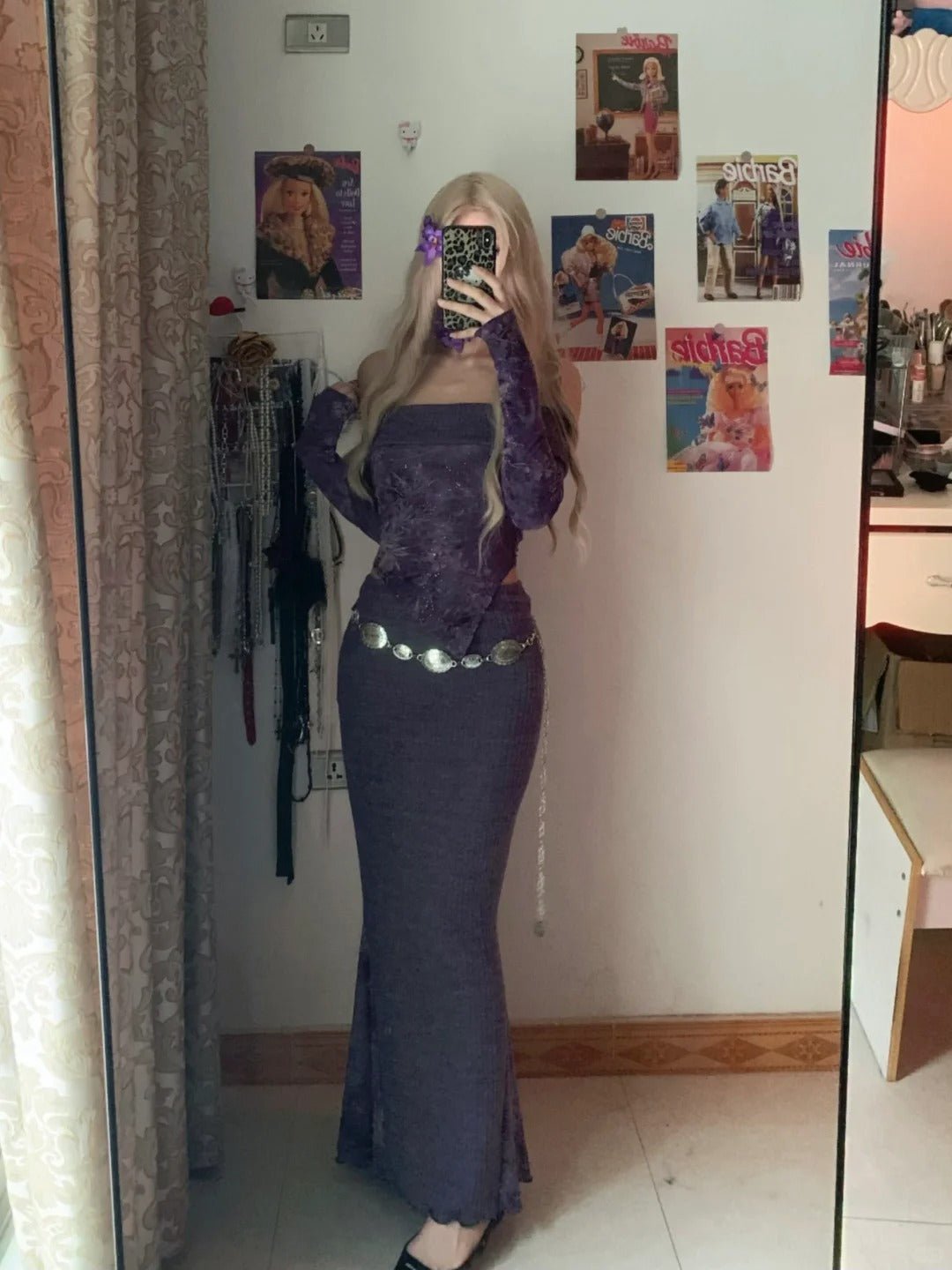 Purple Strapless Top and Long Skirt with Metal Belt Y2K Two Piece Sets - tutufox -