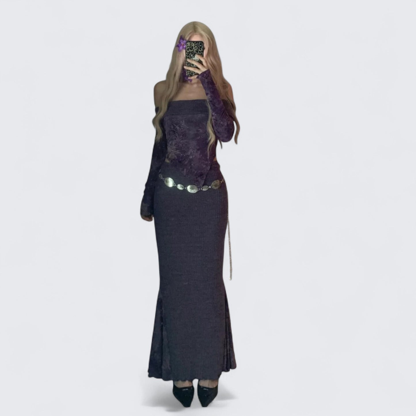 Purple Strapless Top and Long Skirt with Metal Belt Y2K Two Piece Sets - tutufox -
