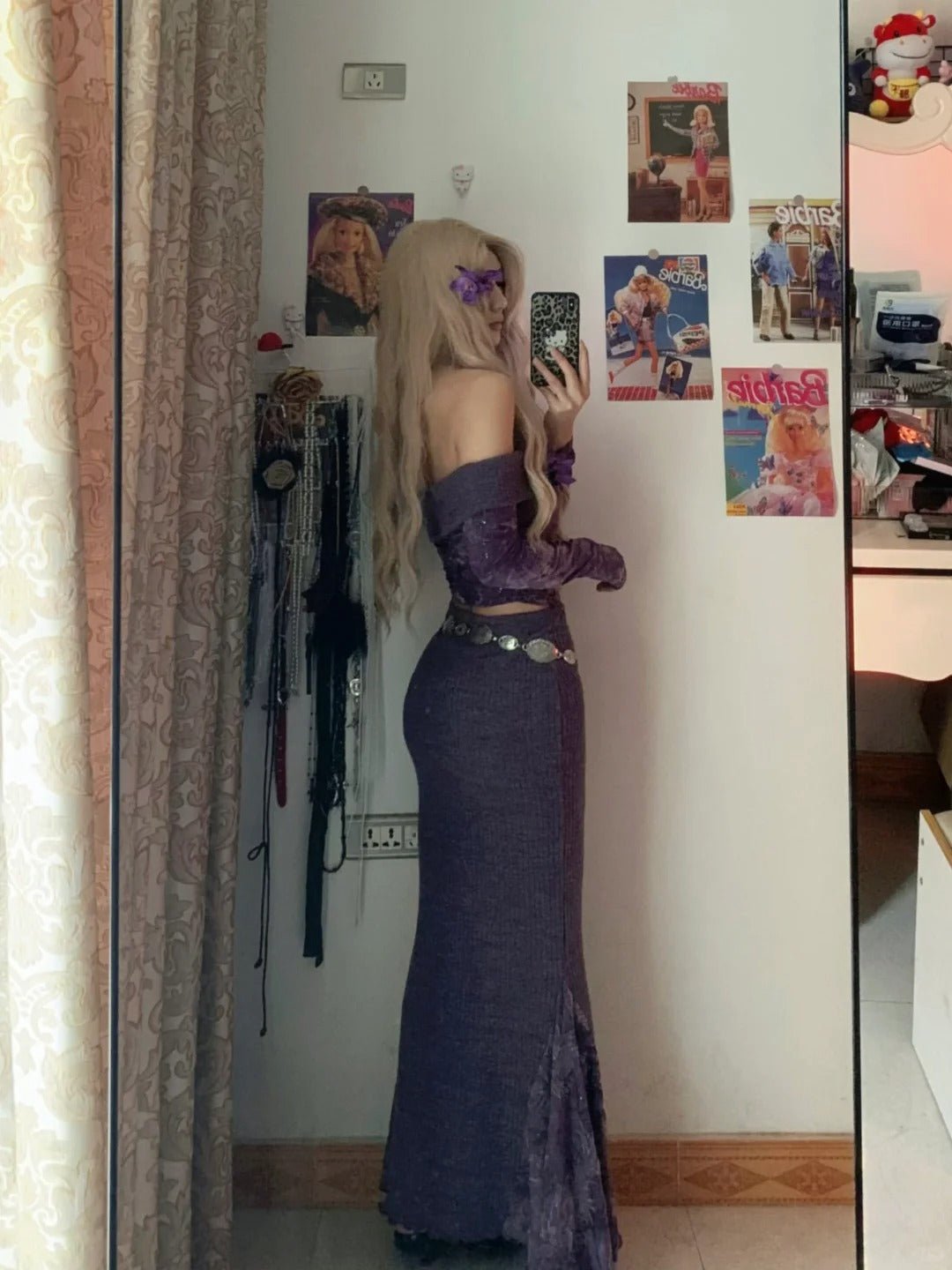 Purple Strapless Top and Long Skirt with Metal Belt Y2K Two Piece Sets - tutufox -