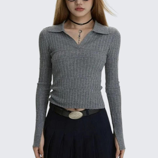 Purple V-Neck Long-Sleeve Trumpet-Sleeve Knitted Top For Women - Spring & Autumn