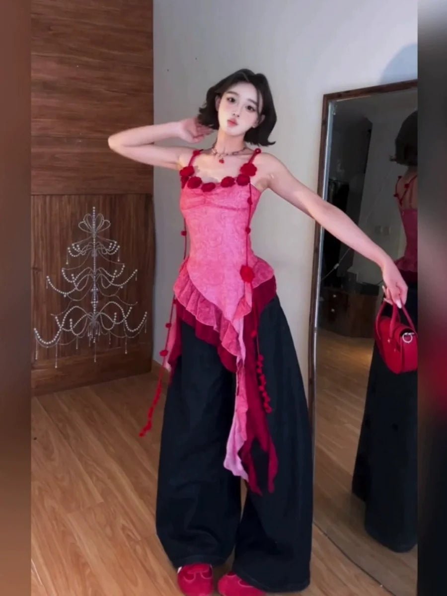 Red 3D Flower Spaghetti - Strap Beach Vacation Asymmetrical Mini Dress - tutufox -