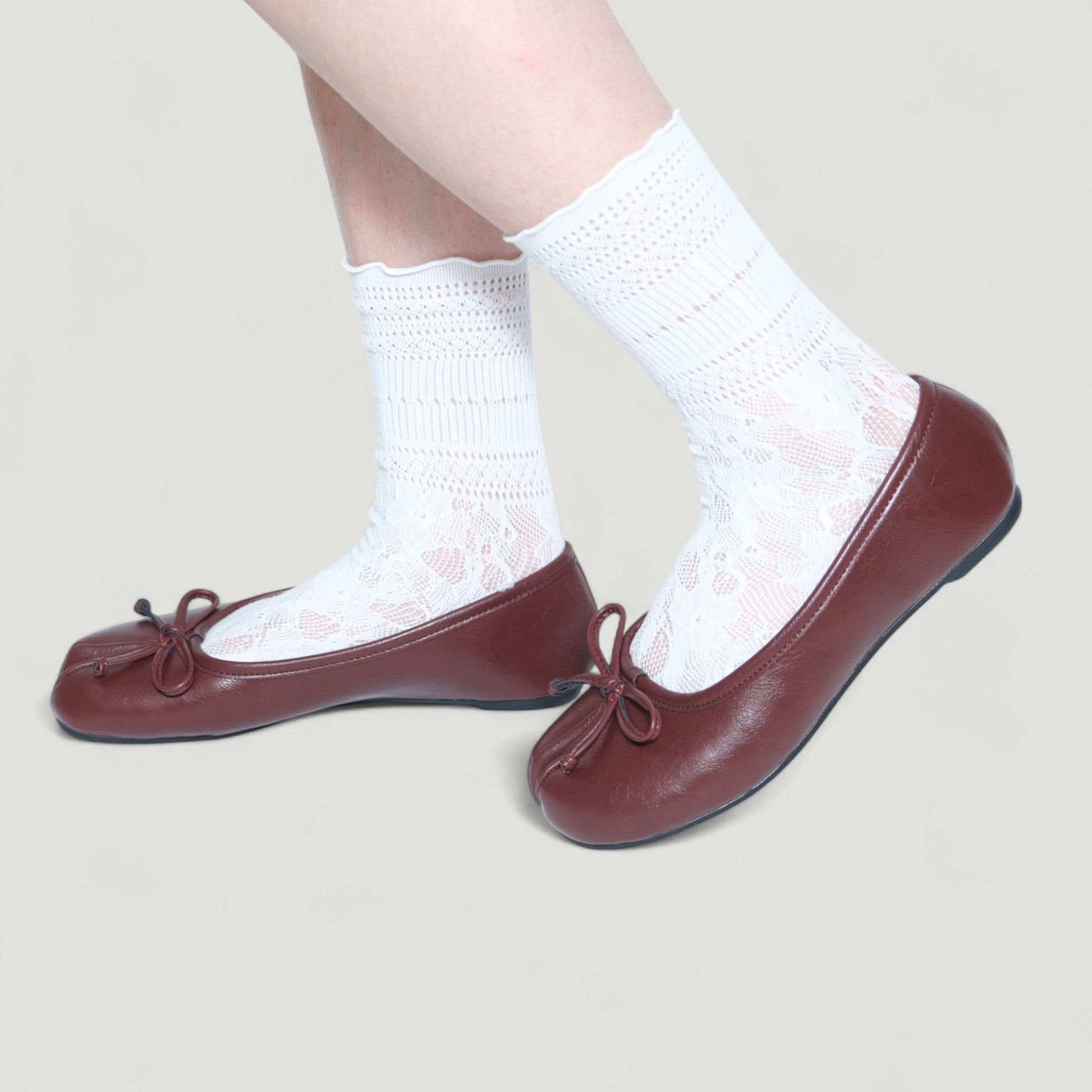 Red Brown Matte Bow Mary Jane Flats Tabi - tutufox - tabis