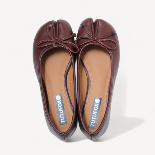 Red Brown Matte Bow Mary Jane Flats Tabi - tutufox - tabis