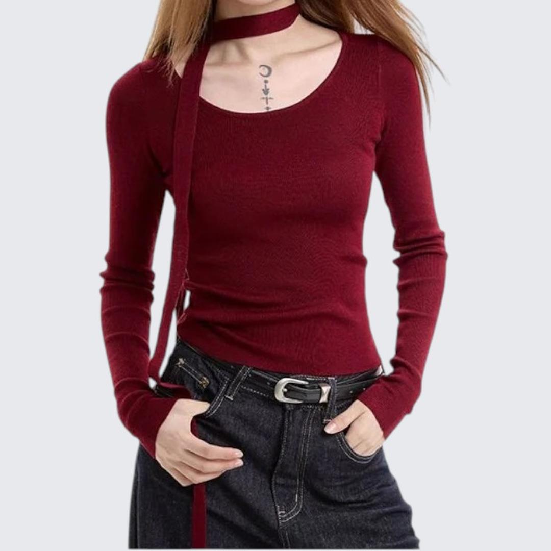 Red Long - Sleeve Knitted Top For Women - Spring & Autumn - tutufox -