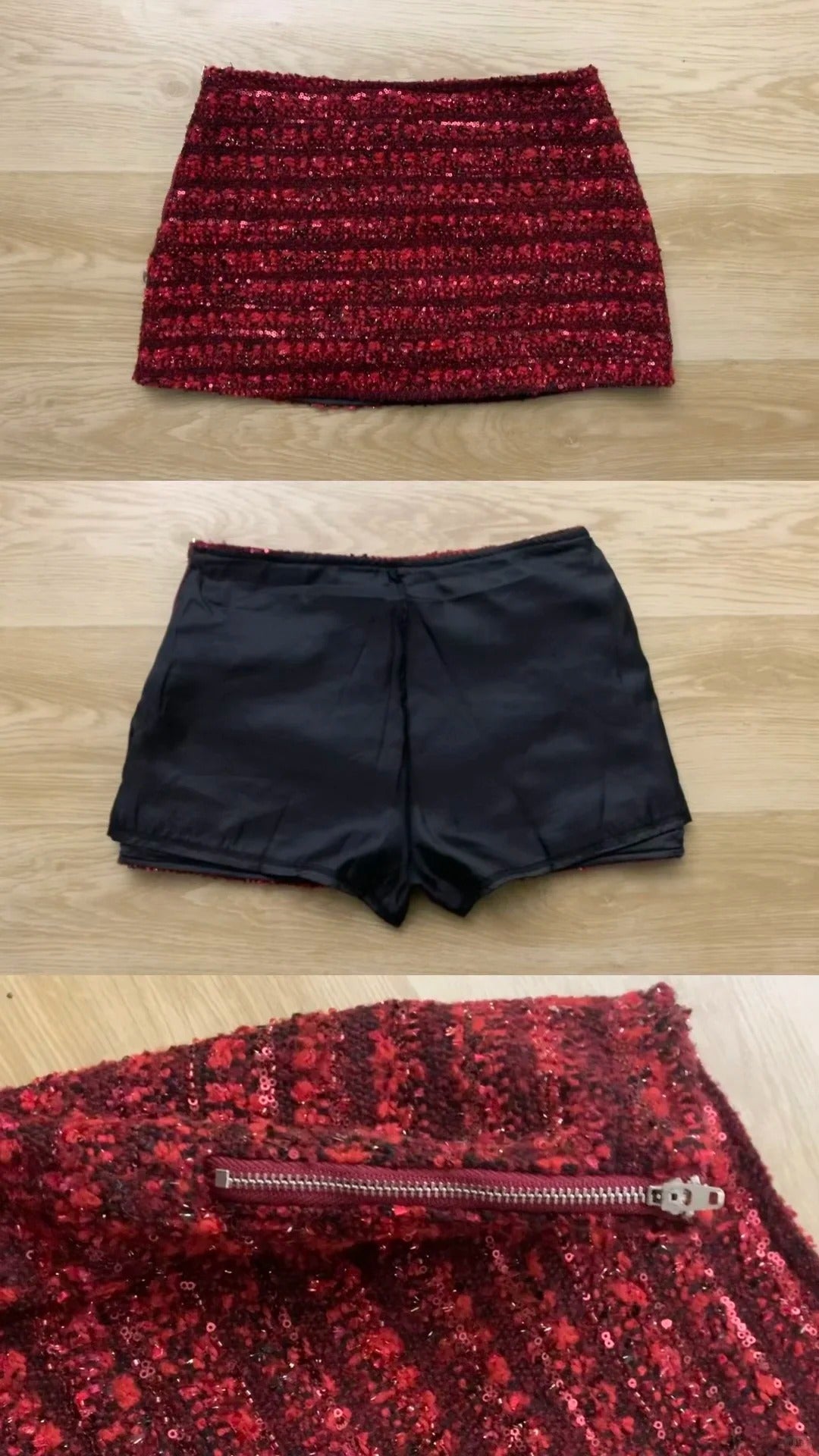 Red Long Sleeve Top with Red - Brown Sequin Skirt and Black Fur Coat Y2K Outfit - tutufox -