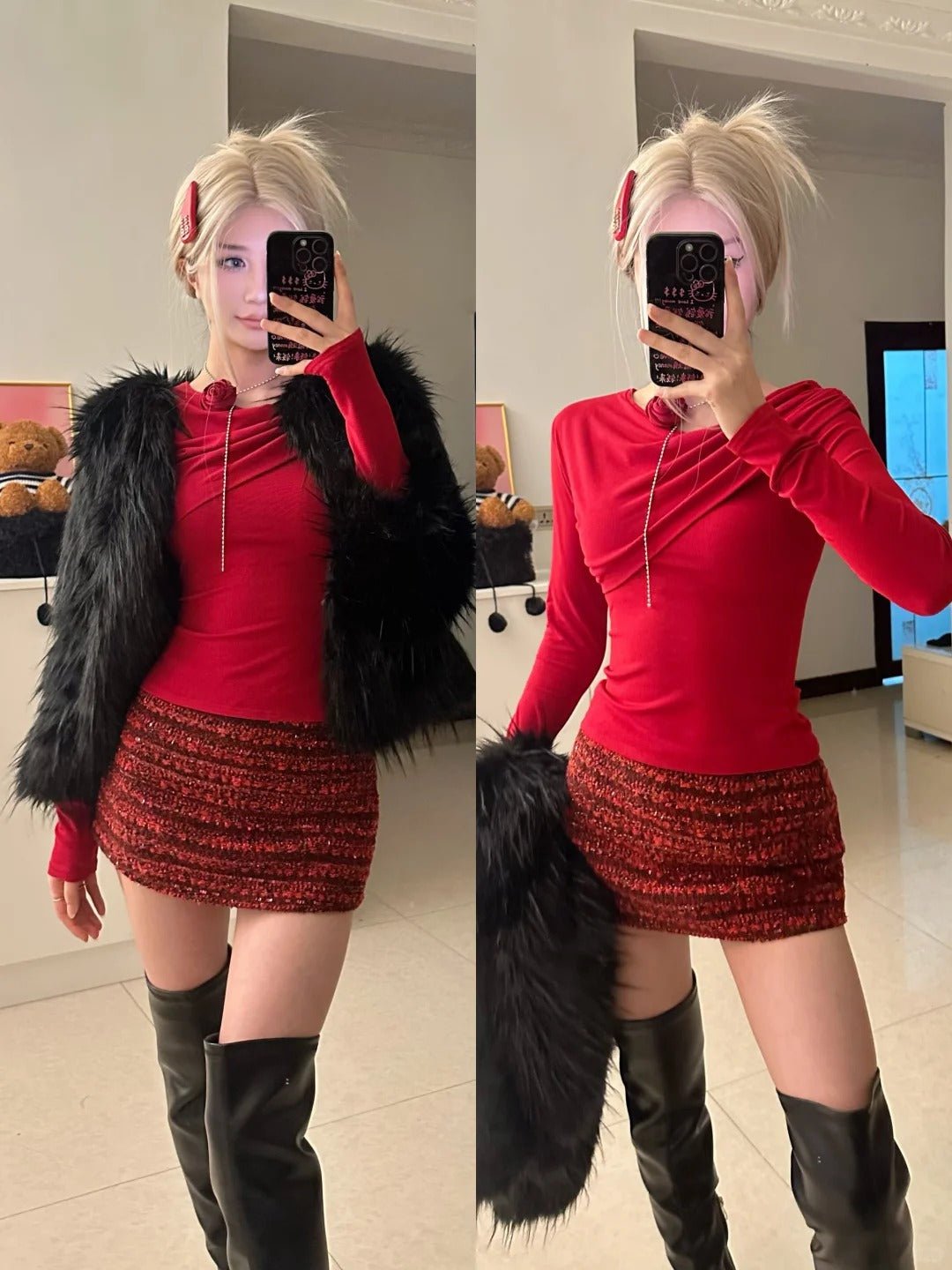 Red Long Sleeve Top with Red - Brown Sequin Skirt and Black Fur Coat Y2K Outfit - tutufox -