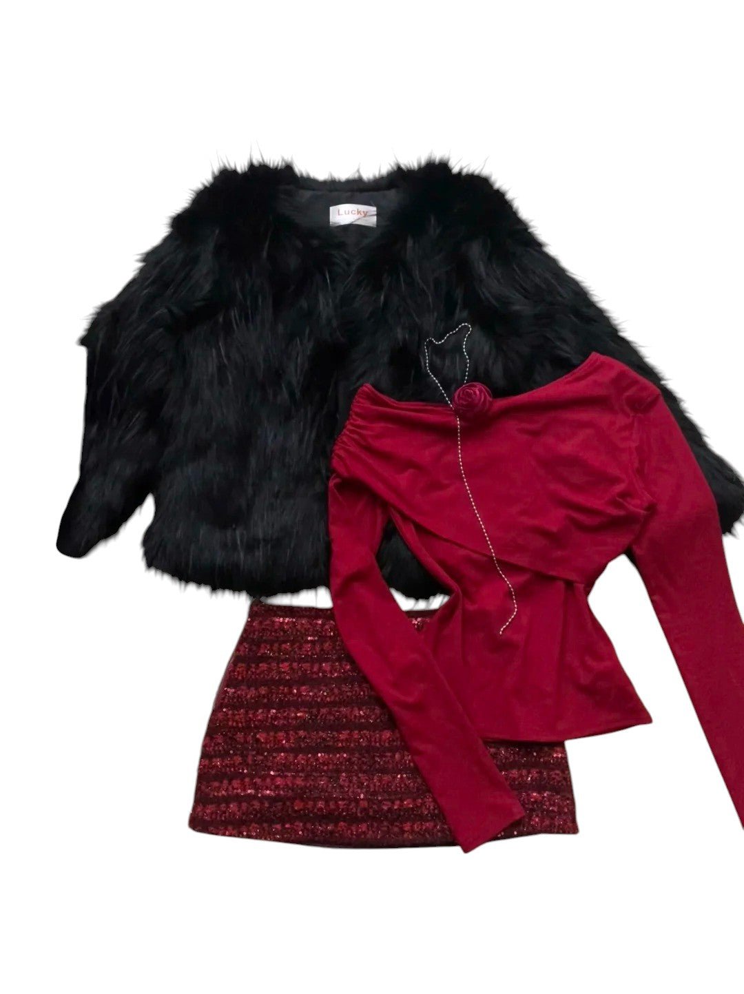 Red Long Sleeve Top with Red - Brown Sequin Skirt and Black Fur Coat Y2K Outfit - tutufox -