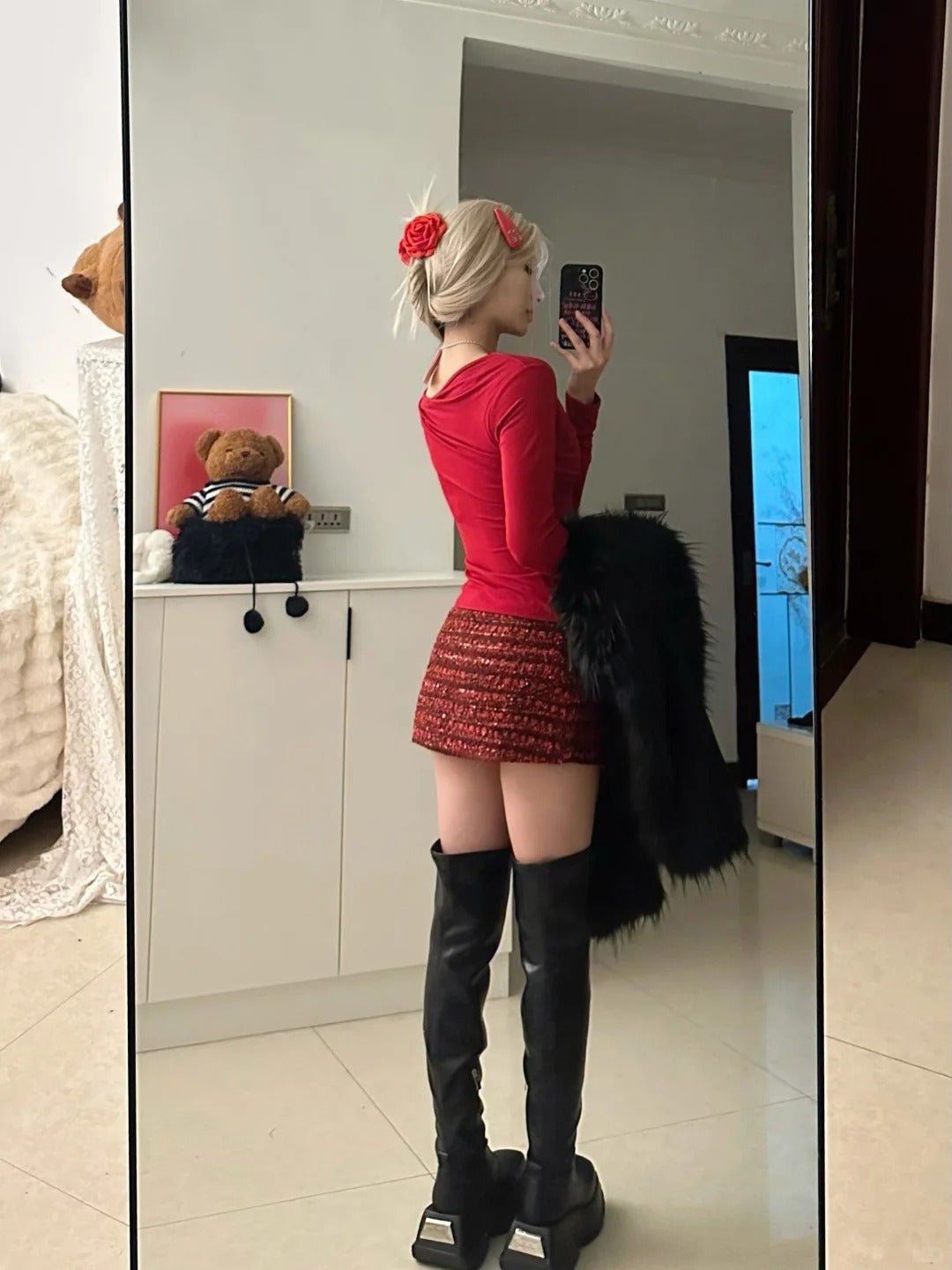 Red Long Sleeve Top with Red - Brown Sequin Skirt and Black Fur Coat Y2K Outfit - tutufox -