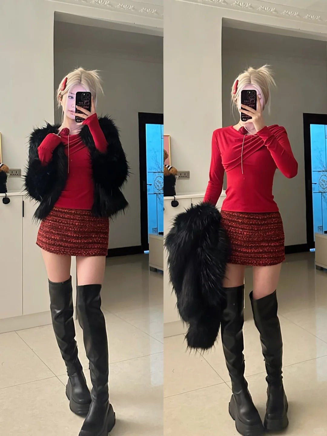 Red Long Sleeve Top with Red - Brown Sequin Skirt and Black Fur Coat Y2K Outfit - tutufox -