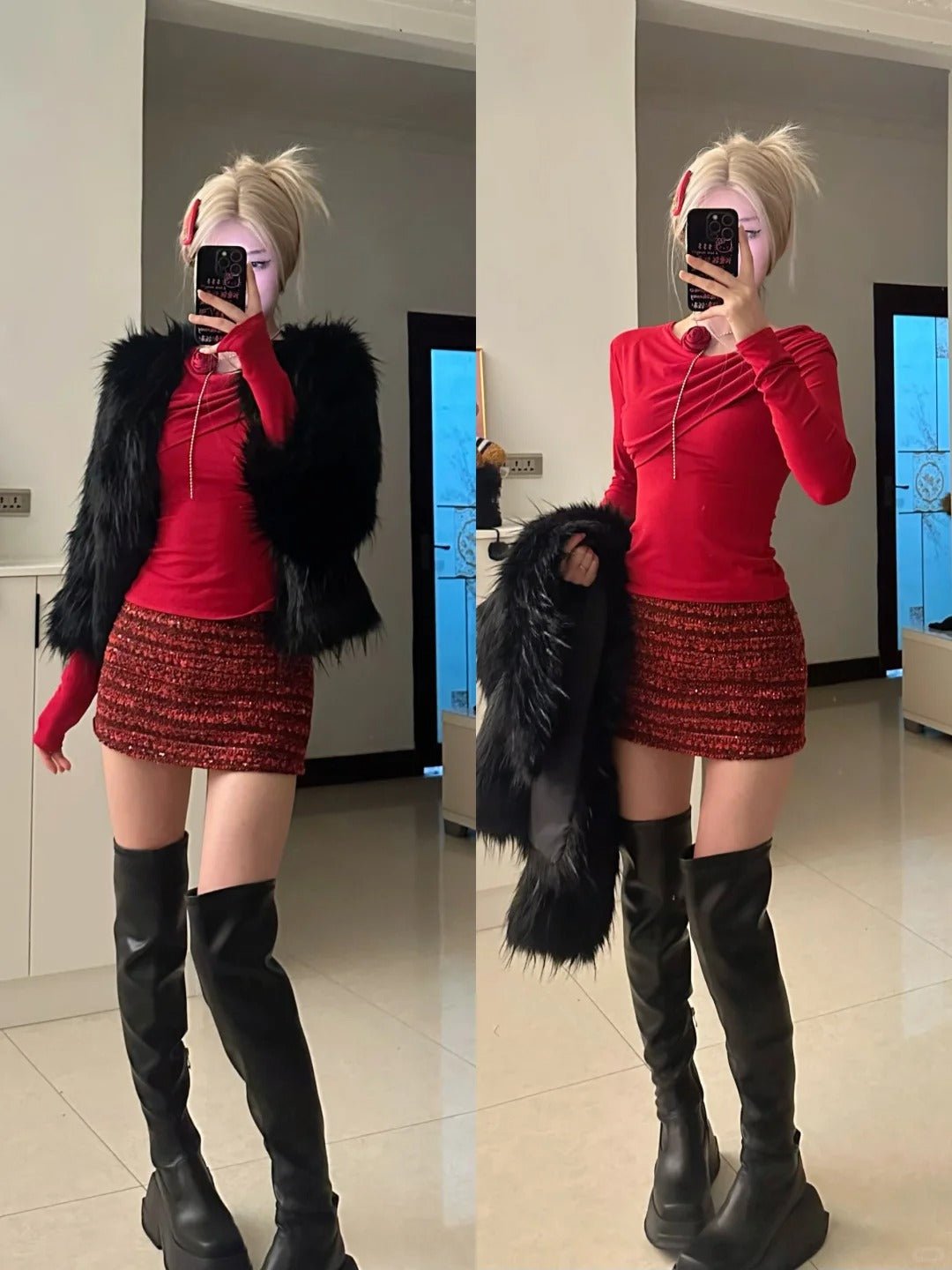Red Long Sleeve Top with Red - Brown Sequin Skirt and Black Fur Coat Y2K Outfit - tutufox -