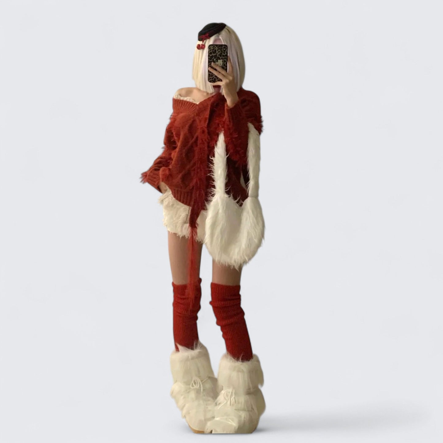 Red Off - Shoulder Fuzzy Knit Top with White Fur Shorts Y2K Two - Piece Set - tutufox -