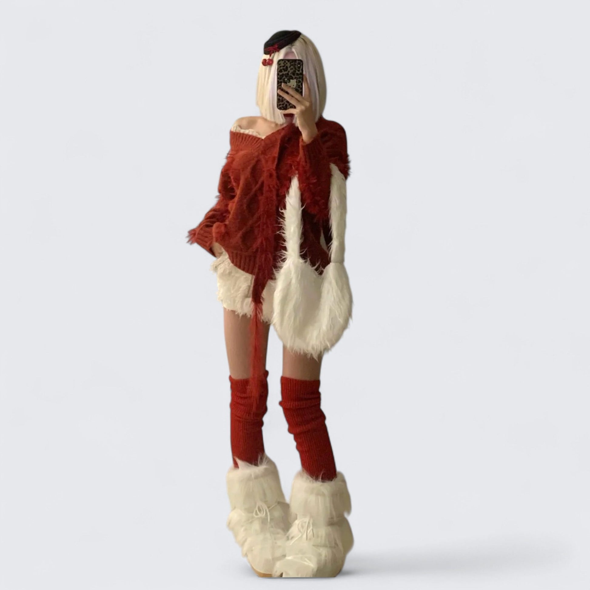 Red Off - Shoulder Fuzzy Knit Top with White Fur Shorts Y2K Two - Piece Set - tutufox -