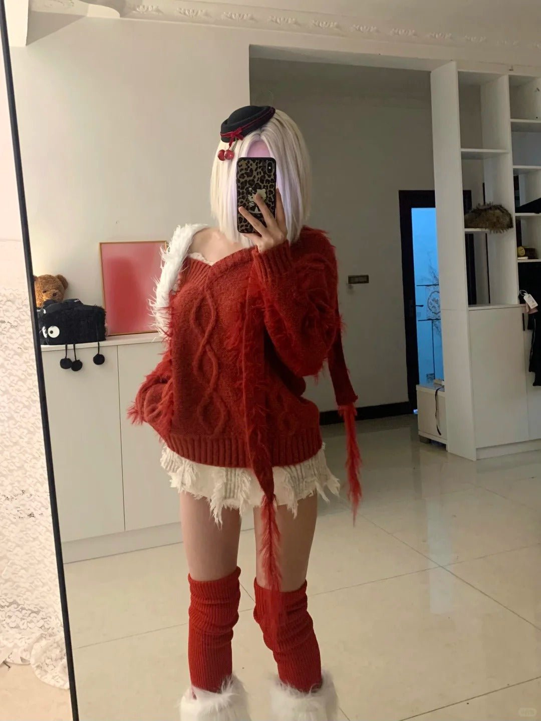 Red Off - Shoulder Fuzzy Knit Top with White Fur Shorts Y2K Two - Piece Set - tutufox -